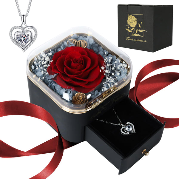 HOMIGIFTY Preserved Red Rose with Heart Necklace, Forever Flower Rose Gifts for Women Mom Wife Girlfriend on Valentines Anniversary Wedding Birthday Mothers Day