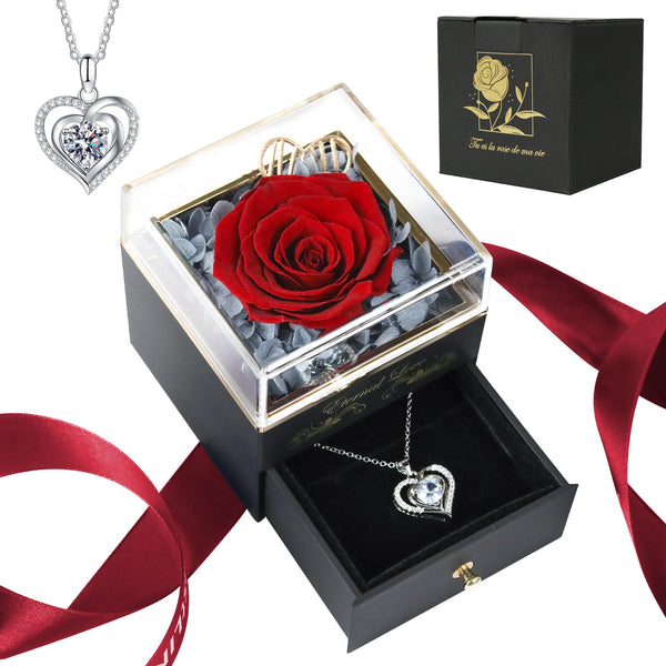 HOMIGIFTY Preserved Red Rose with Heart Necklace, Forever Flower Rose Gifts for Women Mom Wife Girlfriend on Valentines Anniversary Wedding Birthday Mothers Day